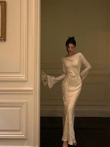 Sheath Scoop Long Sleeves Floral Ivory Silk Satin Long Prom Dresses Birthday Outfits SD297